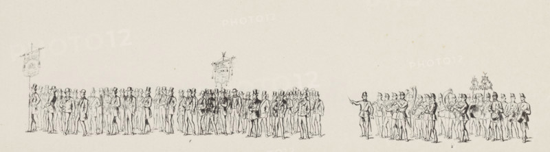 Plate 22. - Fig. 1. The Neêrlands Werkman Association, the Neêrlands Werkman Choral Society, the Music Corps of the Haarlem Militia, Historical costumed procession in Amsterdam on the occasion of the 25th anniversary of the reign of King William III in 1874 (plate 22), Historical and Allegorical Procession in Amsterdam. May 12, 1874, print, Plate no. 22 with the part of the procession featuring members of the Neêrlands Werkman Association and a music corps of the Haarlem Militia. Part of a series of 24 plates of the costumed historical and allegorical procession held in Amsterdam on May 12, as part of the festivities during the celebration of the 25th anniversary of the reign of King William III., printmaker, publisher, printer (person), Amsterdam, Netherlands, paper, lithography, lithografie, height 115 mm x width 365 mm, The 'title on object' is taken from the text sheet with the explanation of the plates., Person, William III (King of the Netherlands), modern professional organizati...