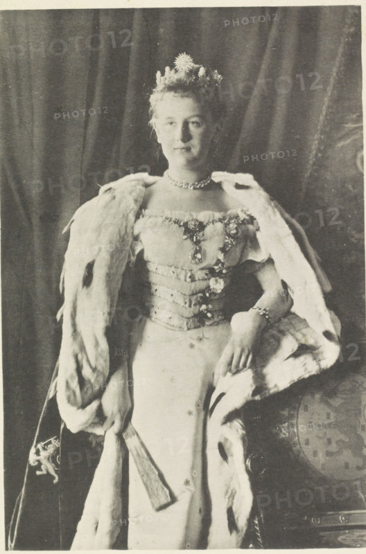 Portrait of Wilhelmina, Queen of the Netherlands, photomechanical print, Portrait of Wilhelmina wearing an ermine cloak. In her right hand a fan. In the lower margin her name and title., photographer: Richard Kameke, cliché maker: Emrik & Binger, Haarlem, 1897, paper, collotype, photogravure, height 273 mm x width 186 mm, The title mentioned here refers to the highest title obtained by the sitter, not necessarily to the title the sitter bears in this image., Person, Wilhelmina of the Netherlands, A black and white portrait of a woman standing against a draped curtain, wearing a decorated bodice and a long skirt, with a fur-lined cloak draped over her shoulders. She has a small floral crown on her hair and a short necklace around her neck. One hand rests on the cloak near her waist while the other holds a fan that hangs down in front of her skirt. The cloak shows visible furry texture and darker spots, and a patterned chair or cushion is partially visible near her side. The overall imag...