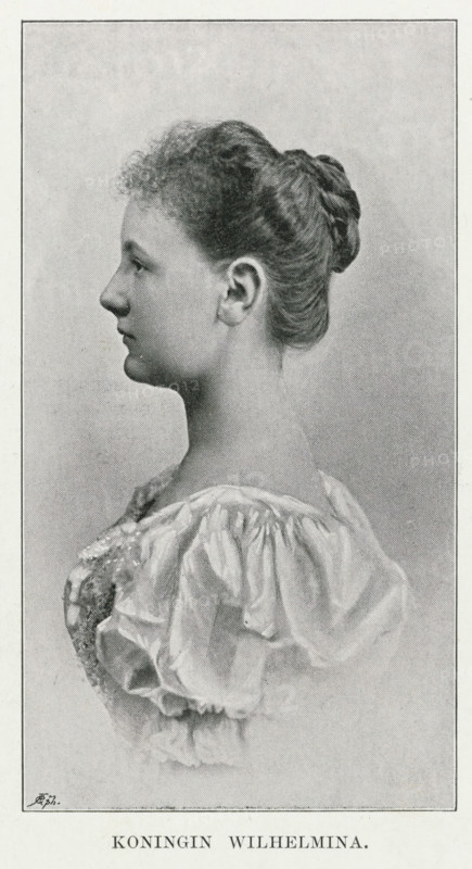 Portrait of Wilhelmina, Queen of the Netherlands, photomechanical print, Portrait of Wilhelmina. Her name and title in the lower margin., photographer: Adolphe Zimmermans, cliché maker: anonymous, Netherlands, 1897 - 1899, paper, autotype, height 166 mm x width 97 mm, The title mentioned here refers to the highest title obtained by the sitter, not necessarily to the title the sitter bears in this image., Person, Wilhelmina of the Netherlands, A grayscale portrait of a young woman shown in profile facing left, with hair pulled back into a braided bun and short curls at the front, wearing a light, loosely gathered off-the-shoulder garment with visible folds and lace detail at the neckline, set against a lightly textured pale background and framed by a narrow border.
