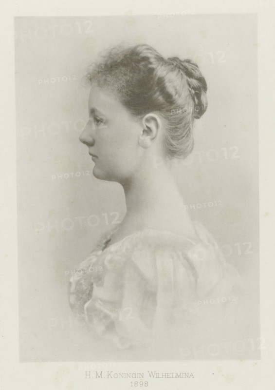 Portrait of Wilhelmina, Queen of the Netherlands, photomechanical print, Portrait of Wilhelmina. In the bottom margin her name and title., photographer: Adolphe Zimmermans, cliché maker: Meisenbach, Riffarth & Cie., Berlin, 1898, paper, chine collé, photoaquatint, heliogravure on chine collé, height 220 mm x width 158 mm, The title mentioned here refers to the highest title obtained of the sitter, not necessarily to the title that the sitter bears in this performance., Person, Wilhelmina of the Netherlands, A grayscale portrait of a young woman in profile facing left, showing the side of her face, ear, and neck, with her hair pulled back into a smooth bun and short curled fringe at the forehead; she wears a light, delicate dress with puffed sleeves and lace or embroidered detailing at the neckline, and the background is plain and softly shaded.