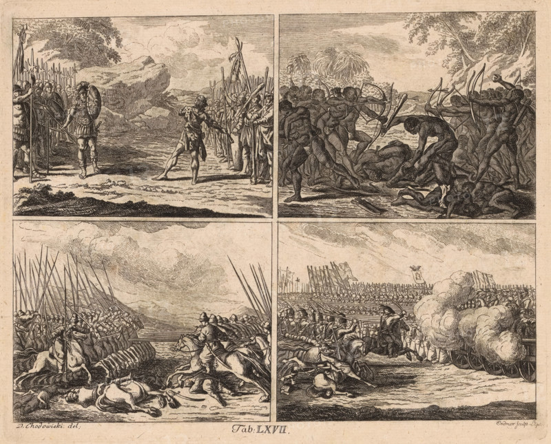Four performances about the history of warfare, print, book illustration, With caption: Tab. LXVII., printmaker: Gustav Georg Endner, Leipzig, after design by Daniel Nikolaus Chodowiecki, 1774, Saxony, paper, etching, height 187 mm x width 230 mm, An aged print divided into four rectangular panels arranged in a grid, each panel containing detailed line engravings of battle scenes and landscapes; the upper left panel shows a rocky shoreline with groups of armored soldiers holding long spears and shields, a central figure in armor and a helmet standing forward, and clustered trees and clouds in the background; the upper right panel depicts dark-skinned figures with bows and arrows engaged in combat, several figures bending over fallen bodies, a watery shore and distant vegetation beyond; the lower left panel displays ranks of soldiers with long pikes held upright, mounted riders in the foreground, fallen horses and men on the ground, and an open sky with sweeping cloud lines above; the l...