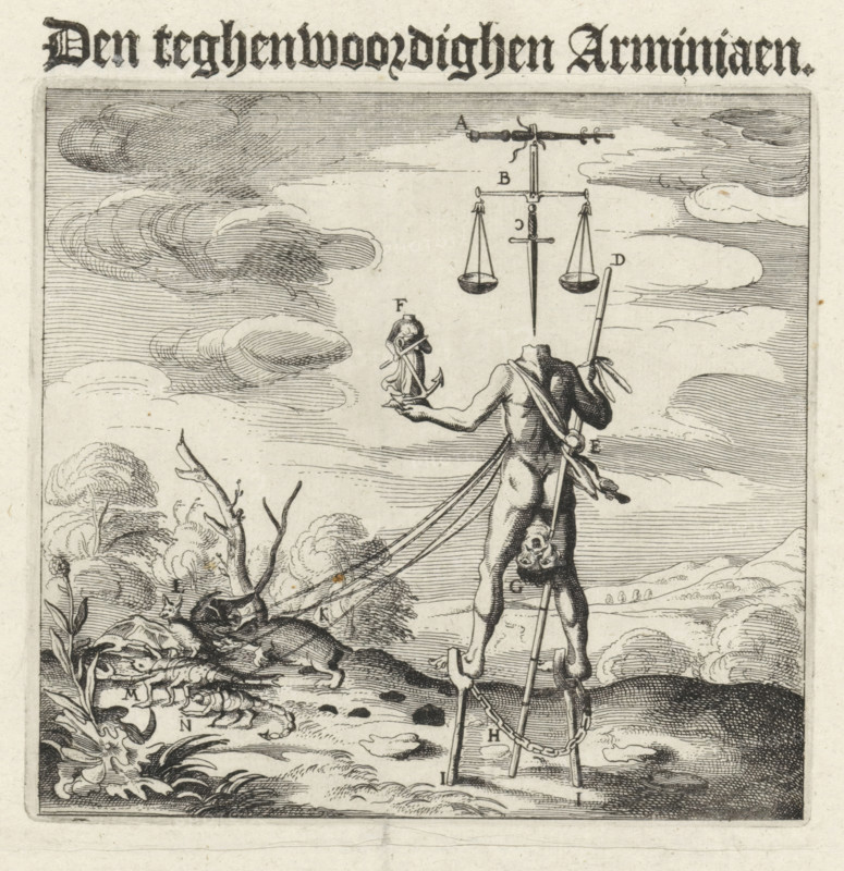 Caricature of the Arminians, The Present Arminian, cartoon, print, Caricature of the Arminians (Remonstrants). A decapitated man walks with his head between his legs, with chained legs on crutches and guided by a scorpion, lobster, bat, and mole. Above the neck are symbols of worldly justice. Printed on the sheet below the plate is a verse and the legend AN in 2 columns in Dutch., printmaker: Claes Jansz. Visscher (II), publisher: Cornelis Willemsz Blaeu-Laken, Amsterdam, writer (clerical worker): David Ronsaeus, 1623, writer (clerical worker), paper, etching, letterpress printing, etching with letterpress text, height 346 mm x width 283 mm, landscapes, violent death, being killed, being mishandled and maltreated, seeking death, A monochrome engraved scene framed by a rectangular border shows a partially nude figure standing on tall stilts that are chained near their base, the figure holding a long pole and balancing a smaller sculpted figure on an outstretched hand; a pair of hanging ...