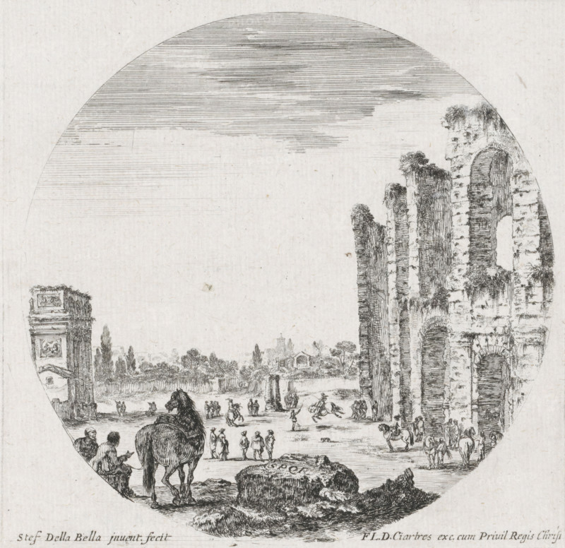 Landscape with the Colosseum and the Arch of Constantine, Landscapes and ruins in Rome, Paysages et ruines de Rome, print, A landscape with part of the Colosseum on the right and the Arch of Constantine on the left. Men with horses are busy between the monuments. In the foreground a block with the letters SPQR on it and in the background the Roman Forum (at that time still called the Campo Vaccino)., printmaker: Stefano della Bella, publisher: François Langlois, France, 1620 - 1664, unknown, grantor of privilege, paper, etching, height 130 mm x width 132 mm, A circular etching showing a landscape with a ruined stone archway and tall crumbling walls on the right, detailed vertical stone textures and small tufts of vegetation on the masonry, and a distant horizontal tree line and small buildings in the middle ground; in the foreground a large animal viewed from behind standing near two seated figures, nearby groups of small human figures walking and conversing across an open plain, a few...