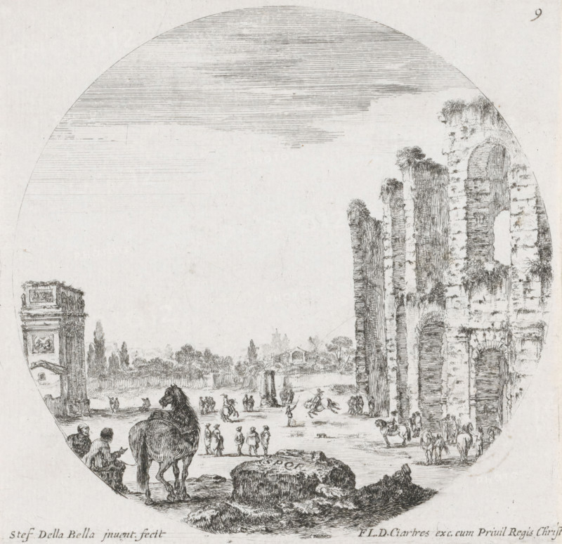 Landscape with the Colosseum and the Arch of Constantine, Landscapes and ruins in Rome, Paysages et ruines de Rome, print, Series number, 9, 13, A landscape with part of the Colosseum on the right and the Arch of Constantine on the left. Men with horses are busy between the monuments. In the foreground a block with the letters SPQR on it and in the background the Forum Romanum (at that time still called the Campo Vaccino)., printmaker: Stefano della Bella, publisher: François Langlois, France, dedicated to: Antonio Le Charon, 1620 - 1664, unknown, grantor of privilege, paper, etching, height 127 mm x width 131 mm, A circular etching showing a wide open scene with a ruined arched stone structure on the right covered in vegetation and a tall ornate column fragment on the left, a flat foreground with textured rock formations and low grassy mounds, groups of small human figures walking and standing across the middle ground, a large animal seen from behind near the foreground, scattered rid...