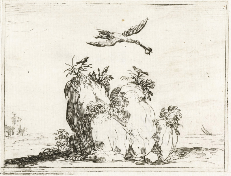 Crane with a stone in its beak, Monastic life in emblems, print, cognizance, Representation of a crane with a stone in its beak, flying over a rock on which three small birds are sitting. This sheet is part of the emblem series 'Monastic life in emblems'. The second state of this series comprises, in addition to an illustrated title page and 26 emblems, a title page and a dedication sheet, both in letterpress without illustration., printmaker: Jacques Callot, Nancy, 1621 - 1635, paper, etching, height 61 mm x width 82 mm, shore-birds and wading-birds: crane, A monochrome ink drawing showing a rocky shoreline with rounded, textured rock formations topped with tufts of grass and small plants, several small birds perched on the vegetation, and a larger bird in flight above carrying an object in its beak, all set against a pale, minimally detailed background with faint horizon and a small distant structure at the far left.