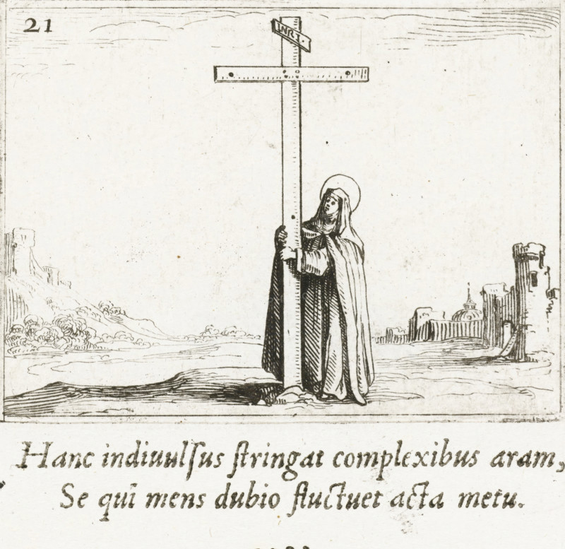 Female saint at the cross, Haeret pede firmo, Elle demeure icy d'un pied ferme arrestée, Monastic life in emblems, print, cognizance, Series number, 21, 27, Representation of a female saint embracing the cross on which Christ died. Above and below this print are Latin and French texts in letterpress. This sheet is part of the emblem series 'Monastic life in emblems'. The second edition of this series contains, in addition to an illustrated title page and 26 emblems, a title page and a sheet with dedication, both in letterpress without image., printmaker: Jacques Callot, Nancy, after design by Jacques Callot, publisher: François Langlois, Paris, 1621 - 1635, 1646, Jacques Callot, François Langlois, printmaker, publisher, paper, etching, letterpress printing, etching and letterpress printing, height 62 mm x width 82 mm, height 143 mm x width 109 mm, female saints, the empty cross(es), A monochrome line drawing shows a robed figure standing on a shoreline, holding a tall cross that extend...