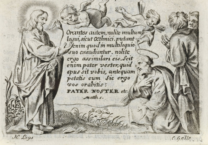 Christ teaching the disciples, print, prayer card, Christ stands in a landscape and makes a speaking gesture. On the right, two disciples listening to him. In the center, two angels hold a cloth with a Latin Bible verse from Matt. 6. On the verso, a prayer card for Maria Calff, who died in Zwaluwe in 1835., printmaker: Cornelis Galle (II), Antwerp, publisher: Henri Leys (baron), 1638 - 1678, 1835, paper, engraving, letterpress printing, engraving with text in letterpress on the verso, height 65 mm x width 88 mm, Christ preaching in the open, A black and white engraving showing a robed standing figure with long hair and a haloed head on the left, hands raised toward a central scroll held aloft by two winged cherubs; the scroll contains lines of dense script. On the right, a seated bearded figure with a halo touches his chest while looking toward the standing figure, and behind him stand two robed figures with their hands raised in a gesture of attention. The scene sits on a textured gro...