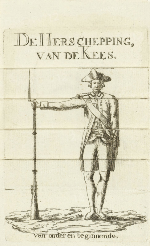 The Re-creation of the Kees, Re-creation of the Kees, cartoon, print, Print of a soldier, a member of an exercise society (a late eighteenth-century Dutch civic guard). He wears a uniform, a cocked hat, and holds a musket with a bayonet in his hand. The print can be folded so that the marksman becomes a Keeshond holding a stick. This caricature satirizes the establishment of exercise societies in the Dutch Republic between 1783 and 1786. These societies were a form of civic guard created by the political group known as the Patriots. This group had the Keeshond as its symbol. The caricature shows how Kees is transformed into a Keeshond, a supporter of patriotism., printmaker: Hendrik Willem Caspari, Amsterdam (possibly), 1787, paper, etching, etching with movable parts, height 132 mm x width 89 mm, warfare, military affairs (citizen soldiery, civil guard, citizen militia), dog (with NAME of kind), Patriot Struggle 1787, military training society, patriots, Period, A monochrome ink illus...