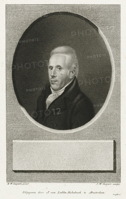 Portrait of Jan Konijnenburg, print, Round portrait of Jan Konijnenburg, minister and professor at the Remonstrant Seminary in Amsterdam. Bust facing left. Konijnenburg is wearing a black coat with a high collar., inscription: 'Proof print', printmaker: Jan Willem Caspari, Amsterdam, after painting by Hendrik Willem Caspari, publisher:, 1789 - 1822, publisher, paper, etching, stippelwerk, proof print, height 199 mm x width 133 mm, Person, Jan Konijnenburg, An engraved portrait of a man shown from the chest up inside an oval vignette, with light-colored short hair and a serious facial expression, wearing a dark coat with wide lapels and a high-collared white shirt with visible folds at the neck, set against a densely stippled dark background and surrounded by a rectangular textured border with a blank rectangular cartouche area below the oval.
