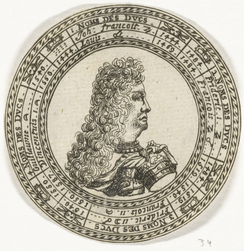 Coin with the portrait of Ferdinand Charles III and the names of the Dukes of Mantua, print, Design of a round coin with, in three concentric circles, the names of the Dukes of Mantua and their years of reign, starting with Gianfrancesco I and ending with Duke Vincenzo I. In the center of the coin the portrait of Duke Ferdinand Charles III., number: '35', after design by Nicolas Chevalier, Amsterdam, 1685 - 1708, printmaker, paper, etching, diameter 70 mm, Person, Ferdinand Charles (Duke of Mantua), king, seal (symbol of sovereignty), A circular engraved portrait shows a right-facing bust of a man with long, curly hair and a mustache, wearing ornate armor and a decorative collar; the bust is centered within multiple concentric rings that contain decorative rope-like borders and segmented panels with small pictorial motifs and markings; the paper has a slightly textured, aged appearance with scattered small spots and a faint smudge near the lower right.