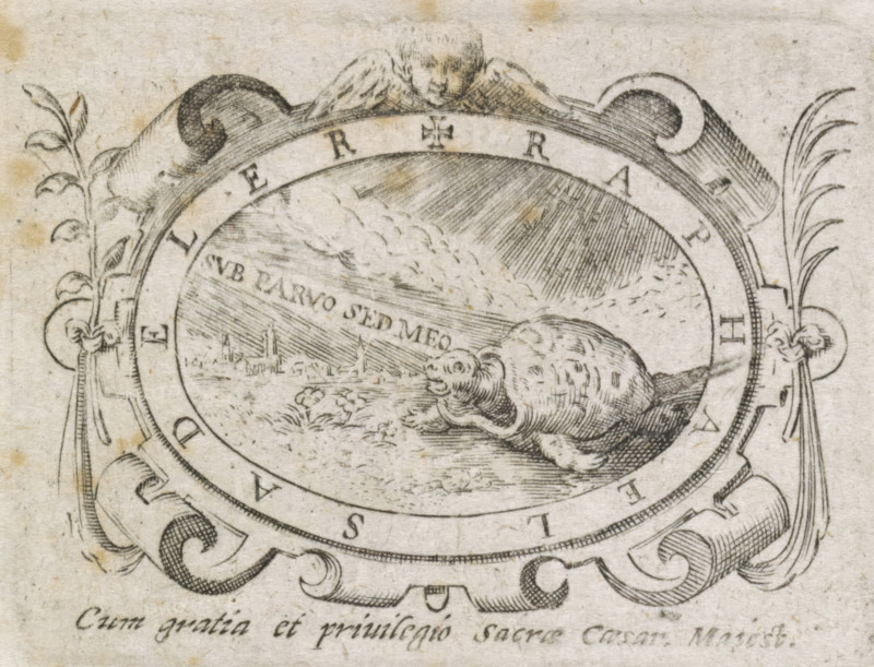 Turtle in an oval frame, print, printer's mark, An oval frame with a turtle in a landscape and the motto: 'sub parvus sed meo'. This is the printer's mark of Raphaël Sadeler., printmaker: Raphaël Sadeler (II), Munich, printer (person): Wilhelm Eder, Ingolstadt, grantor of privilege: Ferdinand II (German Emperor), 1622, printer (person), Bavaria, paper, engraving, letterpress printing, engraving and letterpress printing, height 40 mm x width 54 mm, height 105 mm x width 68 mm, An engraved oval medallion framed by decorative scrollwork and leafy tassels contains a landscape scene with a coastal town in the distance, a cloudy sky with diagonal shading lines, and a large turtle-like creature in the foreground resting on textured ground; a cherubic head and shoulders peek over the top of the frame and ornamental flourishes surround the circular border.