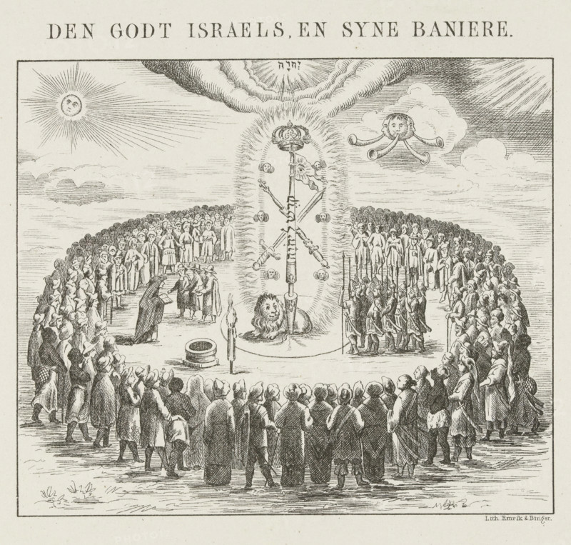 The God of Israel, and His Banners, Mystical allegory of the situation in the year 1673, print, Mystical allegory of the situation in the year 1673. Reproduction of a print from a pamphlet from 1673 in which the Dutch people stand in a circle around a flaming liberty lance with a crown, lion, and a Hebrew inscription., printmaker: Emrik & Binger, Netherlands, 1877 - 1879, paper, lithography, height 236 mm x width 188 mm, Used as an illustration in: JP Arend, General history of the fatherland, continued by O. van Rees, WG Brille and J. van Vloten, Amsterdam, 5 volumes, 1840-1882, vol. 4.2 (1879), p. 96, 97., Person, Christoph Bernhard von Galen, beggar, bagpipe, musette, Rampjaar, Period, 1672-05-30, A detailed black and white engraving shows a large circular gathering of people standing around a central area where a tall ornate staff topped with a crown stands upright, surrounded by a halo-like radiance and small floating round objects; a reclining lion lies at the base of the staff ne...