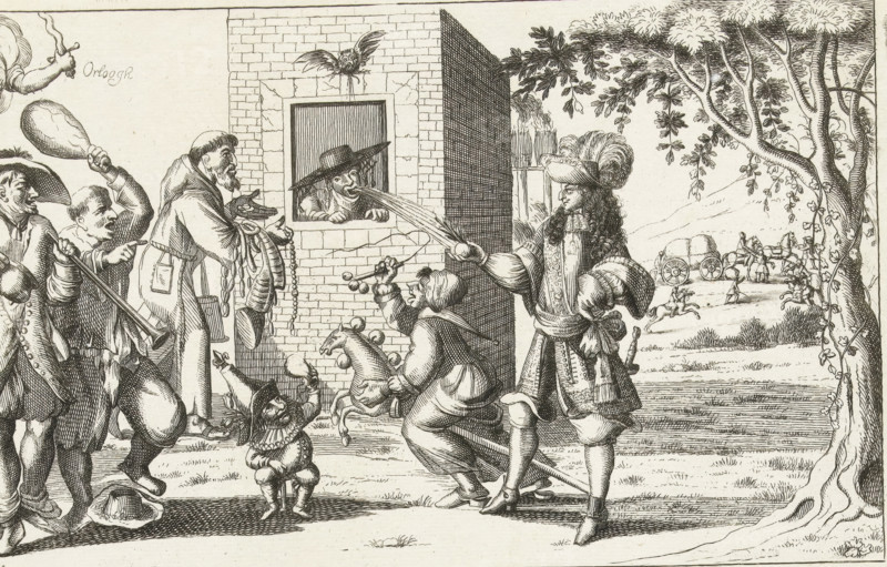 Cardinal von Fürstenberg, awakened from the Dream by the Procession of the Joint Allies, speaks sitting to Bon in the Madhouse, Caricature of Prince Wilhelm von Fürstenberg, 1674, cartoon, print, Caricature of Cardinal Prince Wilhelm von Fürstenberg after the conclusion of peace with England by the Republic on February 19, and the imprisonment of Prince von Fürstenberg on February 16, 1674. The cardinal at the window in a madhouse, outside three madmen, a monk, and the Dutch nobleman offering him an orange. With a satirical verse in 3 columns., printmaker, Northern Netherlands, paper, etching, letterpress printing, etching with text in letterpress, height 414 mm x width 315 mm, Person, William III (Prince of Orange and King of England, Scotland, and Ireland), Wilhelm Egon von Fürstenberg-Heiligenberg, lunatic asylum, mental home, political caricatures and satires, Dutch War, Peace of Westminster (1674), Period, A detailed black and white engraving shows a group of figures in period clo...