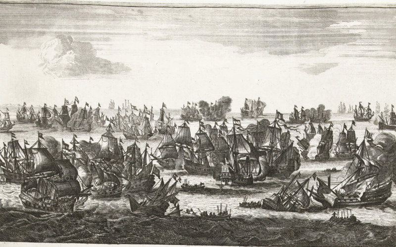 Bloody Sea Battle, occurred between the French and the Dutch, near Messina, on January 8, 1676, Sea Battle at Stromboli, print, Sea Battle at Stromboli on January 8, 1676 between the fleet of the Republic under Michiel Adriaenszoon de Ruyter and a French fleet under Abraham Duquesne. Printed below the plate a text in 2 columns in Dutch., printmaker, publisher, Amsterdam, Northern Netherlands, paper, etching, engraving, letterpress printing, engraving and book printing, height 474 mm x width 285 mm, Person, Michiel Adriaenszoon de Ruyter, Abraham Duquesne, battle (naval force), Battle of Stromboli, Sicily, Period, 1676-01-08, A wide seascape filled with many sailing ships at various distances across the water, their masts and billowing sails detailed with line work and small flags atop many masts; several vessels show smoke or cloud-like puffs near them, and some appear partially damaged or listing; small rowboats with groups of oarsmen move between larger ships; the foreground shows da...