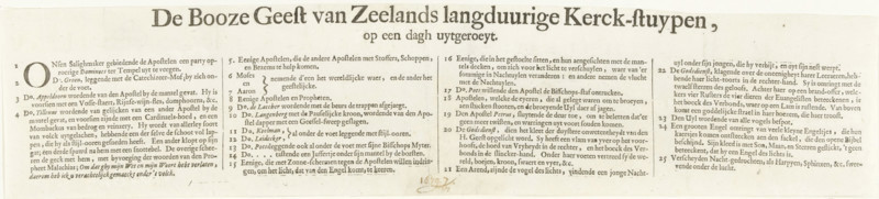 Text sheet accompanying the print about the intervention of Christ in the struggle between the Cocceians and Voetians in Zeeland, 1676, The Evil Spirit of Zeeland's long-lasting Church convulsions, eradicated in one day, print, text sheet, Text sheet accompanying the print about the intervention of Christ in the struggle between the Cocceians and Voetians in Zeeland in 1676. Text with legend 1-25 in 4 columns., inscription: '1679. 7, 17', printmaker, Northern Netherlands, paper, letterpress printing, text in letterpress, height 100 mm x width 460 mm, Person, William III (Prince of Orange and King of England, Scotland, and Ireland), Zeeland, Period, A wide horizontal printed sheet with a large decorative header across the top and dense columns of small printed lines beneath, featuring a left margin with a large ornate initial-like mark and several small circular markers alongside the first column, all printed in dark ink on a light, slightly aged paper with some small spots and faint cr...