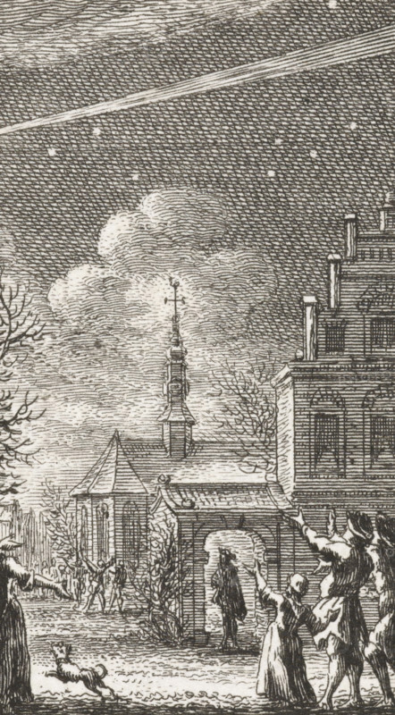 The Comet of 1681, print, historical print, The comet visible in the west of the Netherlands in the winter of 1680-1681., inscription: 'Groote Staart Star. Ao. 1681.', printmaker: Simon Fokke, Northern Netherlands (possibly), 1779 - 1781, paper, etching, proof print before the letter, height 88 mm x width 43 mm, Used as an illustration in: Jacobus Kok, Amsteldamsche jaarboeken, behelzende de merkwaardigste geschiedenissen, welken, zo binnen de stad als daartrent, zijn voorgevallen, sedert haare eerste principes, tot op den hedenen tijd ..., Bijeengebragt door Jacobus Kok, 3 vols., JB Elwe, Amsterdam 1781., comet, Komeet boven Nederland (1680-1681), Netherlands, Period, 1680 - 1681, A detailed black and white etched scene shows a night sky with crosshatched shading and scattered small bright points, a long streak across the upper portion, and layered clouds near the horizon. In the middle ground there are architectural elements including a tall steeple with a pointed top, a building wit...
