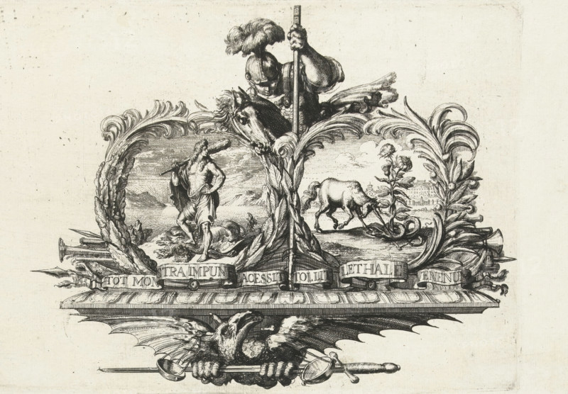 Allegory on the Salvation of England by William III and Mary II Stuart, 1688, print, propaganda print, Allegory on the Salvation of England by Prince William III and Princess Mary II Stuart, November 1688. Emblem with William III on the left as the Dutch Hercules, on the right an English unicorn (Princess Mary II Stuart) kills the snake wrapped around an English rose. Above, a knight (Saint George) thrusts a lance at a dragon holding a sword and scales in its claws. Pasted below the print is a text sheet with verses in 2 columns, printmaker, publisher, Amsterdam, Northern Netherlands, paper, etching, letterpress printing, etching with text in letterpress, height 452 mm x width 312 mm, Person, Maria II Stuart (Queen of England, Scotland, and Ireland), William III (Prince of Orange and King of England, the warrior martyr George, possible attributes: banner (red cross on white field), (red) cross, dragon, (white) horse, broken lance, shield (with cross), sword, unicorn, Hercules as person...