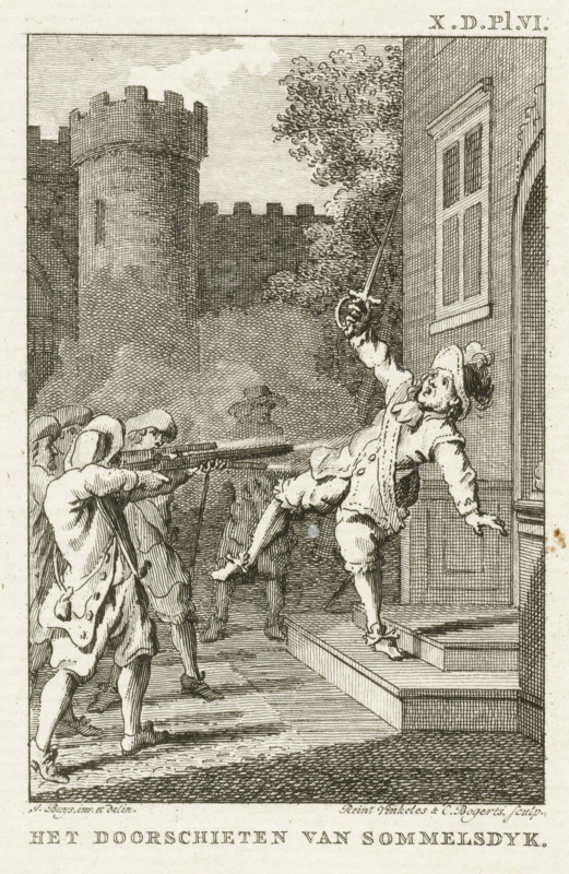 Murder of Cornelis van Aerssen van Sommelsdijk, 1688, The shooting of Sommelsdyk, print, historical print, governor of Suriname, by mutinous soldiers, July 19, 1688., printmaker: Reinier Vinkeles (I), Northern Netherlands, printmaker: Cornelis Bogerts, after drawing by Jacobus Buys, 1780 - 1795, paper, etching, height 128 mm x width 101 mm, Used as illustration in: J. Fokke, Histories of the United Netherlands for the Fatherland Youth, Johannes Allart, Amsterdam 1783-1795, 25 volumes, vol. X, pl. VI., Person, Cornelis van Aerssen jr., violent death, being killed, being mishandled and maltreated, seeking death, murder, Suriname, Period, 1688-07-19, A detailed engraving shows a group of uniformed men aiming long muskets toward a figure on a doorway; the men stand on a wooden floor with their legs braced and wear knee-length coats and hats, some seen from the back. The figure at the doorway leans backward off a small set of steps with one arm flung out and the other raised, holding a swor...
