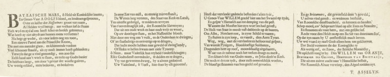 Verse accompanying the allegory on the restoration of the true religion in England with the arrival of the Prince of Orange, 1688, propaganda print, text sheet, Text sheet with a verse in four columns, belonging to the print with the allegory on the restoration of the true religion in England with the arrival of the Prince of Orange, 1688., writer (clerical worker): Thomas Asselijn, Northern Netherlands, 1688 - 1689, writer (clerical worker), paper, letterpress printing, text in letterpress, height 100 mm x width 490 mm, Person, William III (Prince of Orange and King of England, Scotland, and Ireland), Glorious Revolution, Period, A wide, aged sheet of paper with a cream tone and subtle discoloration shows evenly spaced columns of printed serif text arranged across its surface; the leftmost edge has a large decorative initial letter, and there are visible signs of wear such as faint creases, small spots, and uneven shading; the layout includes narrow margins and a clear columnar struct...