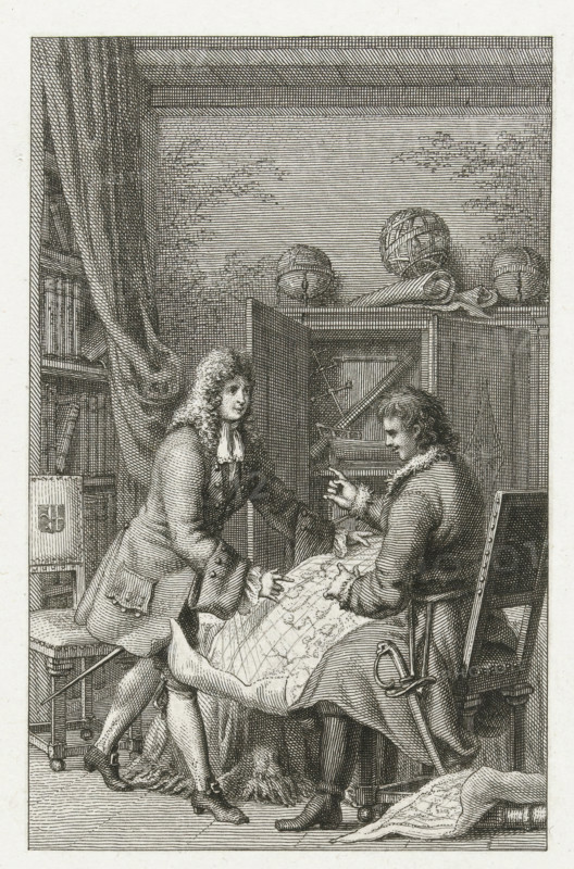 Peter the Great at the shipyard of the Dutch East India Company in Amsterdam, Tsar Peter the Great and Mayor Nicolaes Witsen studying a map, 1697, print, historical print, Tsar Peter the Great and Mayor Nicolaes Witsen in a study studying a map together, 1697., printmaker: Jacob Ernst Marcus, Netherlands, 1814, paper, etching, proof print before the letter, height 236 mm x width 147 mm, Used as illustration in: Jacobus Scheltema, Peter the Great, Emperor of Russia, in Holland and at Zaandam, in 1697 and 1717, Hendrik Gartman, Amsterdam 1814., Person, Peter I the Great (Tsar of Russia), Nicolaes Cornelisz. Witsen, scholar in his study, Visit of Peter the Great to the Netherlands (1697), Amsterdam, Period, 1697-08, An engraved scene shows two men in period clothing inside a room with tall drapery and a bookshelf. One man stands leaning forward with curly hair, a long coat with large cuffs and pockets, stockings and buckled shoes, while the other sits in a chair wearing a fur-trimmed coat...