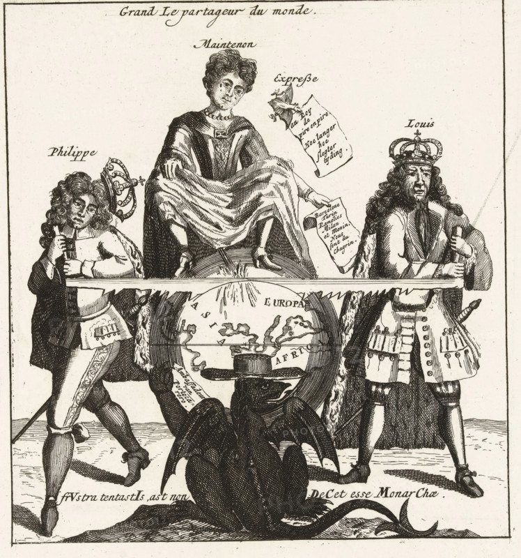 The Great World Divider, Grand Le partageur du monde, 1706, Royal Almanac of 1701, Momus's Pleasure Garden, cartoon, print, Caricature of Louis XIV and Philip V attempting to saw the world in two with a large saw. On top of the globe sits Madame de Maintenon urinating on the saw to lubricate the blade. In the foreground, a devil with a cardinal's hat by Portocarrero. On the sheet below and next to the plate, verses are printed in French and Dutch. Part of a series of 19 caricatures of the French and their allies from the year 1706., printmaker, publisher, Amsterdam, Northern Netherlands, Attributed to, Carel Allard, paper, etching, letterpress printing, etching with text in letterpress, height 321 mm x width 410 mm, Person, Louis XIV (King of France), Luis Manuel Fernandez de Portocarrero, Philip V (King of Spain), Madame de Maintenon, urination, political caricatures and satires, War of Spanish Succession, Period, A detailed black and white etching shows three robed and crowned human ...