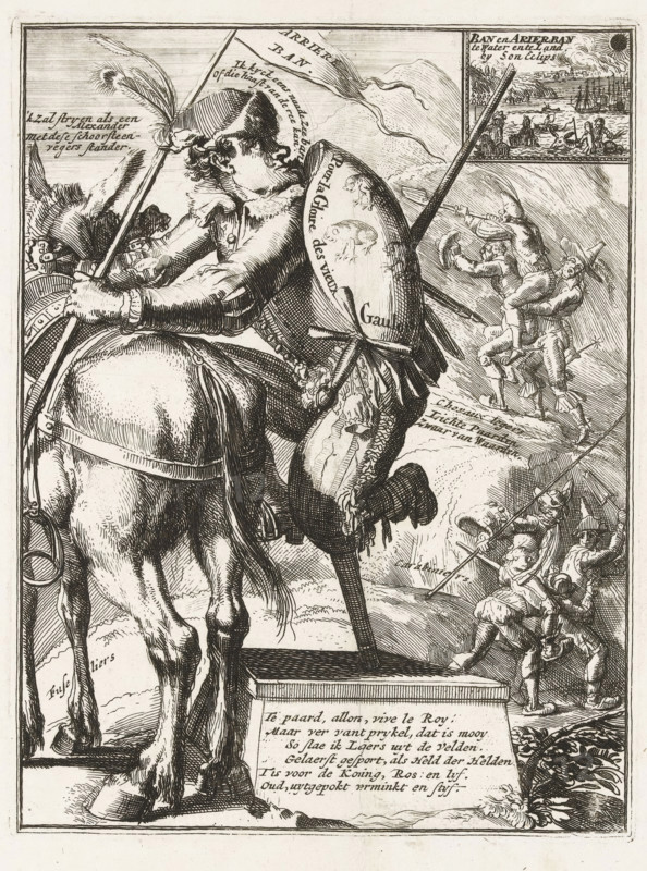 Caricature of the Elector of Bavaria, 1706, The Vervelde Bander-Heer van Beyeren, on stilts, riding as Captain of the Ban and Arrier-Ban, of Luidewyk the beleaguered Angustus, L'Electeur Banni, Ou le Capitaine General du Ban & Arrier-Ban, Royal Almanac of 1701, 't Lusthof van Momus, cartoon, print, Caricature of Maximilian II Emanuel, Elector of Bavaria as an incompetent horseman with a wooden leg climbing onto a horse. On the sheet next to and below the plate, texts in Dutch and French. Part of a series of 19 caricatures, printmaker, publisher, Amsterdam, Northern Netherlands, Attributed to, Carel Allard, paper, etching, letterpress printing, etching with text in letterpress, height 312 mm x width 376 mm, Person, Maximilian II Emmanuel (Elector of Bavaria), political caricatures and satires, crutches, War of Spanish Succession, Period, A detailed black and white engraving showing a mounted figure in elaborate clothing and a plumed hat holding a long lance, with a large shield strapped...