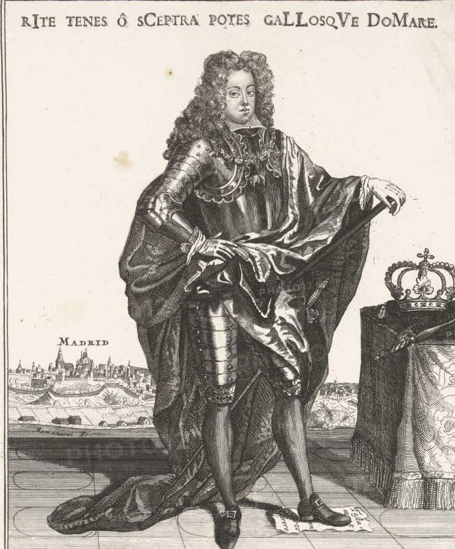 Austria Triumphant at the Court of Spain. Or Entry of King Charles III into Madrid, on June 27, 1706, l'Entrée triomphante du Roy Charles III. à la Cour D'Espagne, Le 27. Juin 1706, Archduke Charles of Austria as King of Spain, Royal Almanac of 1701, 't Lusthof van Momus, print, Archduke Charles of Austria as Charles III, King of Spain, standing full-length in armor with cloak and commander's staff, 1706. In the background Madrid where the king made his entry on June 27. With verses in Dutch and French on the sheet on either side of and below the plate. Part of a series of 19 caricatures of the French and their allies from the year 1706., printmaker, publisher, Amsterdam, Northern Netherlands, Attributed to, Carel Allard, paper, etching, letterpress printing, etching with text in letterpress, height 316 mm x width 405 mm, Person, Charles VI (Holy Roman Emperor), War of Spanish Succession, Madrid, Comunidad de Madrid, Period, 1706-06-27, A black and white engraved image of a standing fi...