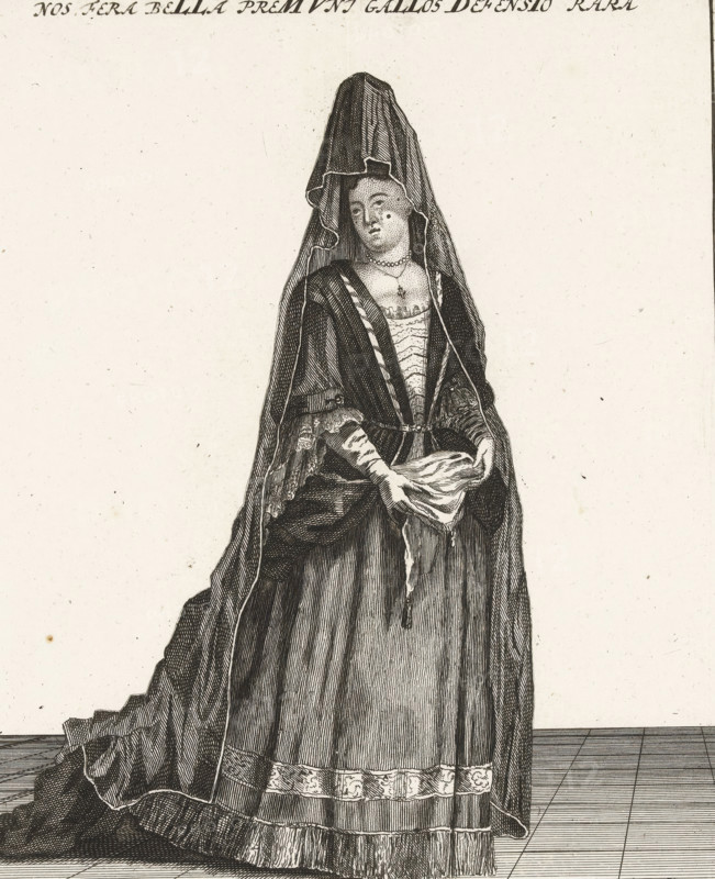 Madame de Maintenon as Lamenting France, 1706, The Lamenting France, La France Lamentant, Royal Almanac of 1701, Momus's Pleasure Garden, cartoon, print, standing full-length, dressed as a widow, 1706. With two verses in Dutch in the caption and verses in Dutch and French on the sheet on either side of the plate. Part of a series of 19 caricatures of the French and their allies from the year 1706., printmaker, publisher, Amsterdam, Northern Netherlands, Attributed to, Carel Allard, paper, etching, letterpress printing, etching with text in letterpress, height 322 mm x width 413 mm, Person, Madame de Maintenon, political caricatures and satires, War of Spanish Succession, Period, A monochrome engraved image of a standing woman wearing a long, flowing gown and a tall, draped headdress that falls around her shoulders, her hands holding a folded piece of cloth at waist level; she wears a low-cut bodice with visible trim and a necklace with a pendant, and her sleeves and skirt show detailed...
