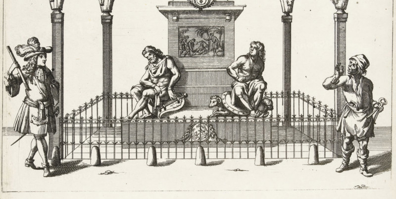 Cartoon of the monument erected in honor of Louis XIV on the Place des Victoires in Paris in 1685, La Vision du Marechal de Sellon en Provence, Night-discourse of the Smit of Sellon in Provence, Vision of the Smit of Sellon, ca. 1701-1713, cartoon, print, Caricature of the monument erected in honor of Louis XIV on the Place des Victoires in Paris in 1685. In the center is the statue of the king, below it two of the four statues of kneeling and chained men, representing the nations conquered by the French, including the Republic. The story beneath the print is about 'the vision of the smith of Sellon'. The blacksmith sees at night how a devil with a bellows blows out the four lanterns surrounding the statue of Louis XIV. On the sheet below the plate, verses in French and Dutch. Part of a group of separate caricatures of Louis XIV during the War of Spanish Succession, ca. 1701-1713., printmaker, publisher, after sculpture by, Northern Netherlands, paper, etching, letterpress printing, et...