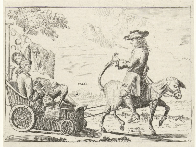 Cartoon on the French loss of Dendermonde, 1706, Pasquin the Posr-ryder, in the Cradle and Marforio on the Blind Donkey, Bringing the Capitulation of Dendermonde to the Allies, cartoon, print, Caricature on the French loss of Dendermonde, capitulated to the Allies on September 5, 1706. Pasquin and Marforio bring the news of the capitulation of Dendermonde to Paris. On the sheet below the plate, a dialogue between the two. Part of a group of individual caricatures of Louis XIV during the War of Spanish Succession, ca. 1701-1713., inscription: '17 9, 10 06', printmaker, publisher, Northern Netherlands, paper, etching, letterpress printing, etching with text in letterpress, height 295 mm x width 163 mm, political caricatures and satires, Capture of Dendermonde (1706), Period, 1706-09-05, A pen-and-ink scene shows a man seated in a small cart pulled by a donkey, the seated figure wearing a tall hat with plumes and a long coat, one leg extended and the hands holding a folded sheet, a large ...