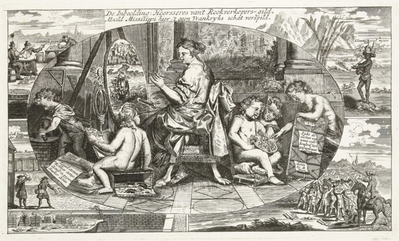 The Imagination Paints the Mississippi, 1720, The Imagination, Ruler of the Tobacco Sellers' Guild, Paint Mississippi here, which wastes France's treasure, The Great Tableau of Folly, cartoon, print, The female personification of the Imagination paints a picture of the Mississippi, around her children blowing bubbles or reading from the action book of the Mississippi Company sitting on an empty cash box. With four small scenes of other failed ventures. Below the image is a caption with a verse printed in three columns from a separate plate. Print 23 in the series The Great Tableau of Folly with satirical prints on the Speculative Markets of 1720., printmaker, Northern Netherlands, paper, etching, height 483 mm x width 375 mm, (Complaint of the South Sea Company, 1720)., painter at work, in his studio, Speculative Markets of 1720, North America, Mississippi (river), Period, A large oval scene fills the center showing a seated woman in flowing drapery viewed from behind and three nude ch...