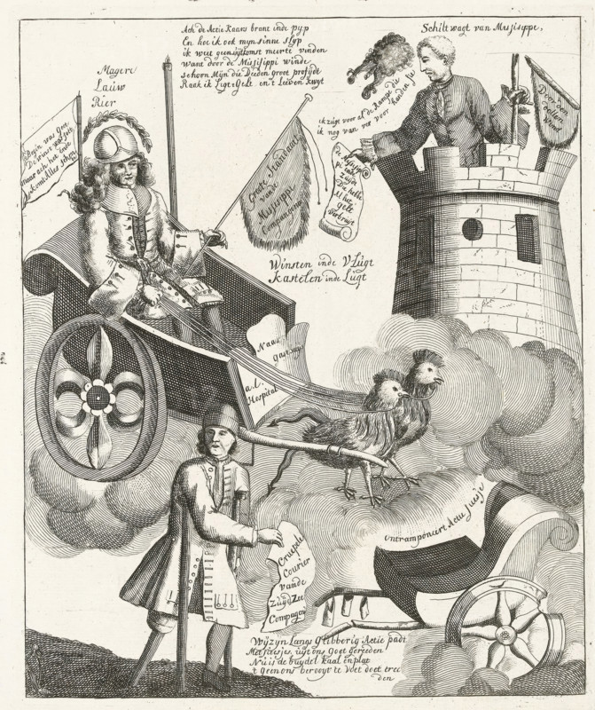 The Inventor of the Wind Trade, on his Victory Chariot, John Law, in his victory chariot, 1720, The Great Tableau of Folly, cartoon, print, in his victory chariot drawn by two French roosters. On the right the sentry of the Mississippi in a tower, in the foreground 'the crippled courier of the South Sea Company'. Printed on the sheet on either side of the plate a verse in two columns. Print 46 in the series The Great Tableau of Folly with satirical prints on the Wind Trade or Stock Trading of 1720., printmaker, Northern Netherlands, paper, etching, letterpress printing, etching with text in letterpress, height 327 mm x width 421 mm, Person, disabilities, deformations, chariot, triumphal car, Wind Trade of 1720, Period, A detailed black and white engraving shows a man seated in an ornate chariot with a large decorated wheel, wearing a long coat and a plumed helmet and holding a long pole; the chariot is drawn by two birds that stand on clouds and are attached by reins, and a second man ...