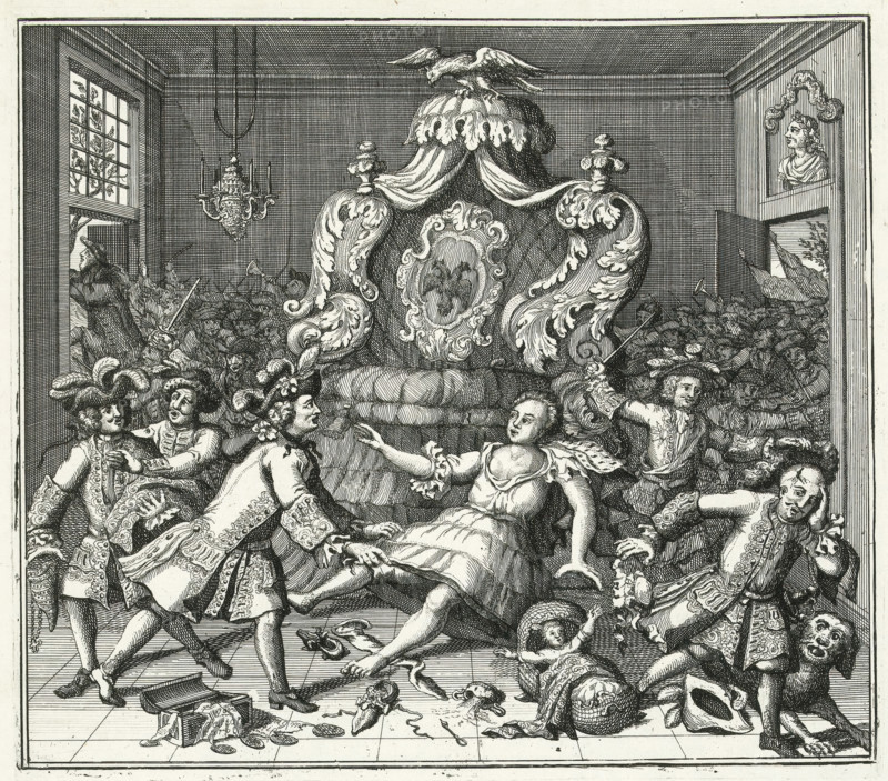 A woman of noble blood, was robbed here of land and goods, Caricature of the failed attempt to plunder the Austrian lands, 1742, cartoon, print, Caricature of the failed attempts to plunder the Austrian lands, 1742. France, Bavaria, Prussia, and Poland force their way into the bedroom of Archduchess Maria Theresa of Austria to steal her clothing and jewels. On the floor lies the child Joseph in the cradle. On the right, however, the Hungarian troops under Marshal Khevenhüller enter to drive out the intruders. Allegory of the War of Austrian Succession. On the page below the plate a verse in two columns., printmaker, Northern Netherlands, paper, etching, letterpress printing, etching with text in letterpress, height 526 mm x width 397 mm, Person, Maria Theresia (Roman-German empress), Ludwig Andreas von Khevenhüller, political caricatures and satires, Austrian war of succession, Period, A densely detailed black and white engraving showing an ornate interior with a large carved throne or...