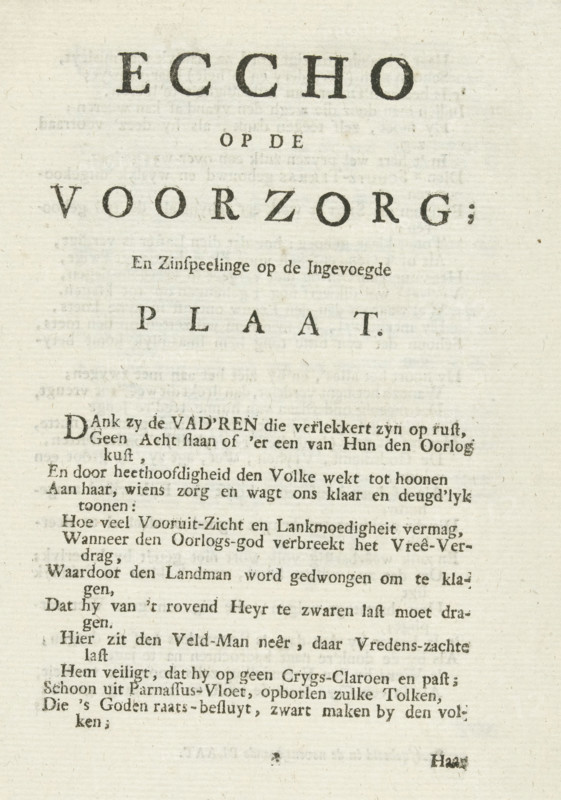 Eccho on the Precaution, And Allusions to the Inserted Plate, Echo accompanying the print with the allegory on the virtue of Austria, 1742, text sheet, Echo belonging to a separate edition of the print with the allegory on the virtue of Austria in the War of Austrian Succession, 1742. Folded sheet printed on four sides with an explanation of the allegory in verse form., writer (clerical worker): anonymous, Northern Netherlands, writer (clerical worker), paper, letterpress printing, text in letterpress, height 220 mm x width 145 mm, The accompanying print was also used as an illustration in: Willem van Haren. The four excellent poems, together with the Polybius, as well as all the poems of praise that appeared for and against them, with a fine title plate. Harderwijk: Dionies van Lennep and Amsterdam: Arnoldus Olofsen, p. 106, 107 with the explanation of the scene in verse form., War of Austrian Succession, Period, A sheet of aged, off-white paper with printed dark ink markings arranged...