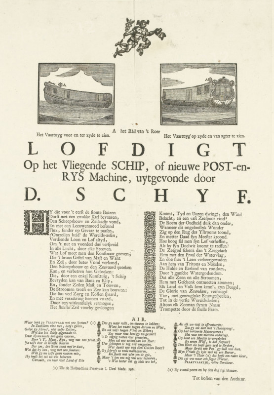 Ode to the Flying Vessel of Daam Schijf, 1743, Ode to the Flying Ship, or new Post and Travel Machine, invented by D. Schyf, print, Sheet with an ode to and two small illustrations of the so-called Flying Vessel, a vessel named Volg My, which was supposed to achieve great speeds without sails, an invention of Zaandam grocer Daam Schijf. On June 20, the ship, with a wheel powered by five horses hidden in the hold, was launched into the Zaan where it sank. At the top a vignette of Mercurius., printmaker, writer (clerical worker), Northern Netherlands, paper, woodcut, letterpress printing, woodcut with text in letterpress, height 419 mm x width 284 mm, Person, Daam Schijf, invention, discovery, science and technology, ships (in general) (propulsion of vehicle, ship, etc. by animals), Zaan, Period, Aged paper sheet with printed illustrations and decorative elements, showing two rectangular engraved panels near the top each depicting a wooden boat floating on water beneath a lined sky, a sm...