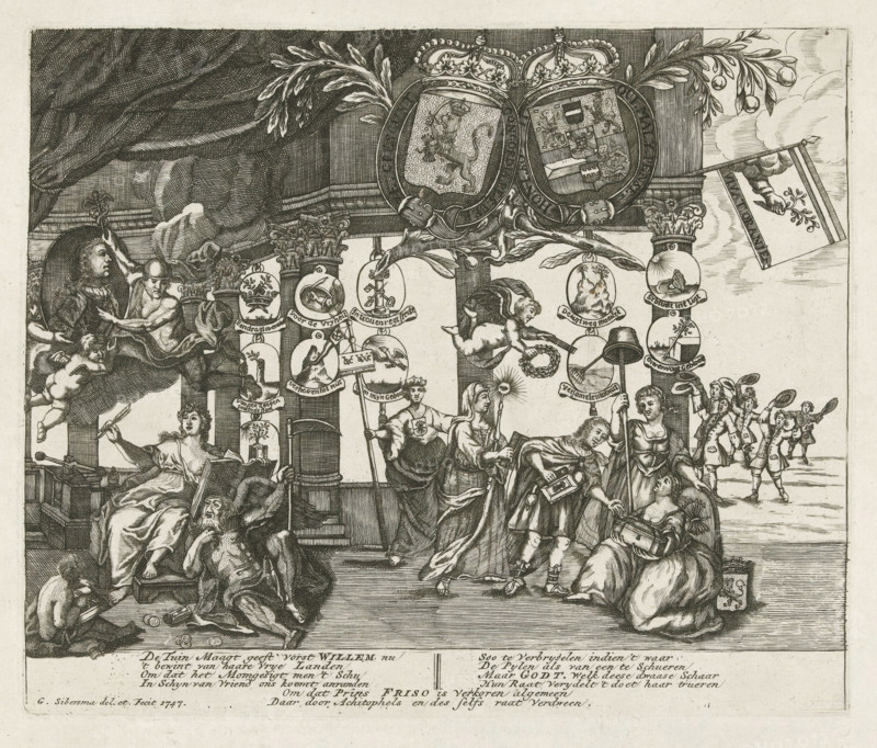 Allegory on the Elevation of William IV, 1747, print, Allegory on the Elevation of William IV as Stadtholder of the Republic, May 1747. The Dutch Maiden hands over the rule of the Republic to the Stadtholder. On the left, a portrait of the Stadtholder is held aloft by Mercury and angels, in the presence of History and Time. In the sky, various emblems and the coats of arms of the Republic and of William IV. In the center, a personification of Navigation with a standard bearing the banners of the VOC and WIC. In the caption a verse in two columns., printmaker: Gerrit Sibersma, Northern Netherlands, paper, engraving, gravure, height 173 mm x width 207 mm, Person, Willem IV (prince of Orange-Nassau), personifications of countries, nations, states, districts, Elevation of Prince Willem IV to Hereditary Stadtholder (1747), Netherlands, Period, A detailed black and white engraving shows an elaborate scene with a central raised platform framed by ornate columns and large drapery above, topped...