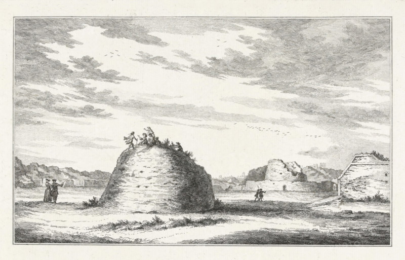 Ruins of the Coehoorn orillon and the Zeeland and Utrecht lunettes, Ten views of the ruins after the siege and destruction of Bergen op Zoom in 1747, print, book illustration, Visitors on the ruins of the Coehoorn orillon and the Zeeland and Utrecht lunettes, parts of the destroyed fortifications of Bergen op Zoom. Part of the series with ten views of the ruins after the siege and destruction of Bergen op Zoom by the French in June-September 1747., printmaker: Simon Fokke, Northern Netherlands, after drawing by Cornelis Pronk, 1772 - 1780, paper, etching, proof print before the letter, height 178 mm x width 270 mm, landscape with ruins, fortress, Siege and capture of Bergen op Zoom (1747), Bergen op Zoom, Period, 1747, A wide landscape engraving shows a large sky filled with layered, horizontally hatched clouds and small flocks of birds. In the foreground there are rounded, mound-like rock formations with textured surfaces and sparse vegetation on top. Small groups of people are presen...