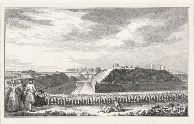 The Covered Way and the breaches in the Coehoorn bastion, Ten views of the ruins after the siege and destruction of Bergen op Zoom in 1747, print, book illustration, Visitors at the ruins of the Covered Way and the breaches in the Coehoorn bastion, parts of the destroyed fortifications of Bergen op Zoom. Part of the series with ten views of the ruins after the siege and destruction of Bergen op Zoom by the French in June-September 1747., printmaker: Simon Fokke, Northern Netherlands, after drawing by Cornelis Pronk, 1772 - 1780, paper, etching, proof print before the letter, height 175 mm x width 267 mm, landscape with ruins, fortress, Siege and capture of Bergen op Zoom (1747), Bergen op Zoom, Period, 1747, A wide landscape engraving shows a sky filled with layered clouds above a distant horizon with low trees and architectural ruins. In the midground there are earthen mounds and fortified walls flanking a long straight avenue that recedes toward a lock or sluice with a small group of...