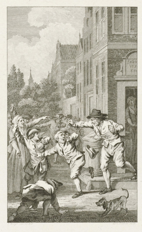 Looting of the house of a pro-French fish seller in Deventer, 1747, print, historical print, A pro-French fish seller in Deventer mistreated and his house plundered by rioters, September 20, 1747., printmaker: Reinier Vinkeles (I), Northern Netherlands, after drawing by Jacobus Buys, 1788, paper, etching, proof print before the letter, height 230 mm x width 150 mm, Used as illustration in: Jacobus Kok, Vaderlandsch Woordenboek, Johannes Allart, Amsterdam 1785-1799, 35 volumes, vol. 11, pl. 3., plundering, riot, Siege and capture of Bergen op Zoom (1747), Deventer, Period, 1747-09-20, A detailed black and white etching shows a crowded street scene with a row of tall brick buildings on the right and leafy trees and distant towers on the left, while a group of people in period clothing fill the foreground; men and boys wearing coats, breeches, and hats gesture wildly and push against one another, one man stands on a raised step with an arm extended and a hat knocked off, another child rec...