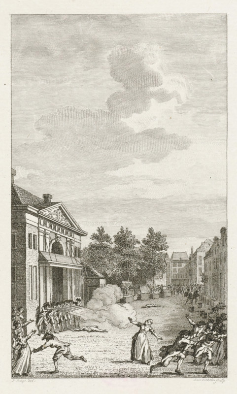Riot on the Butter Market in Amsterdam 1748, print, historical print, Riot on the Butter Market in Amsterdam 1748. Soldiers standing in front of the Weighing House (Regulierswaag or Boterwaag) shoot at rioting citizens., printmaker: Reinier Vinkeles (I), Northern Netherlands, after drawing by Jacobus Buys, 1794, paper, etching, proof print before the lettering, height 210 mm x width 152 mm, Used as illustration in: Jacobus Kok, Vaderlandsch Woordenboek, Johannes Allart, Amsterdam 1785-1799, 35 volumes, vol. 32, pl. 2., street-fights, riots, Tenant Farmers' Revolt (1747-1750), Amsterdam, Botermarkt (Amsterdam), Regulierswaag, Period, 1748, A tall vertical engraving shows a town square scene under a sky filled with layered clouds, with a classical building on the left featuring a pediment and columns and rows of windows, and rows of narrower buildings receding on the right. In the square, uniformed soldiers stand in a line near the building, firing toward the center where thick plumes of...