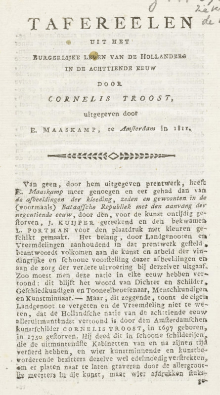 Scenes from the Bourgeois Life of the Dutch in the Eighteenth Century by Cornelis Troost, published by E. Maaskamp, in Amsterdam in 1811, Prospectus for the publication of the series of prints: Scenes from the Bourgeois Life of the Dutch in the Eighteenth Century, text sheet, publisher's prospectus, Prospectus for the publication by E. Maaskamp in 1811 in Amsterdam of the series of 32 prints titled: Scenes from the Bourgeois Life of the Dutch in the Eighteenth Century, after paintings or drawings by Cornelis Troost from the years 1725-1750. Booklet of 8 numbered pages with an introduction, a list of the prints, and a price list for the entire series or for various combinations of individual numbers., publisher: Evert Maaskamp, Amsterdam, 1811, Evert Maaskamp, publisher, paper, letterpress printing, text in letterpress, height 195 mm x width 130 mm, Period, 1725 - 1750, A tall, narrow sheet of aged paper with printed serif text arranged in centered headings near the top and several dens...