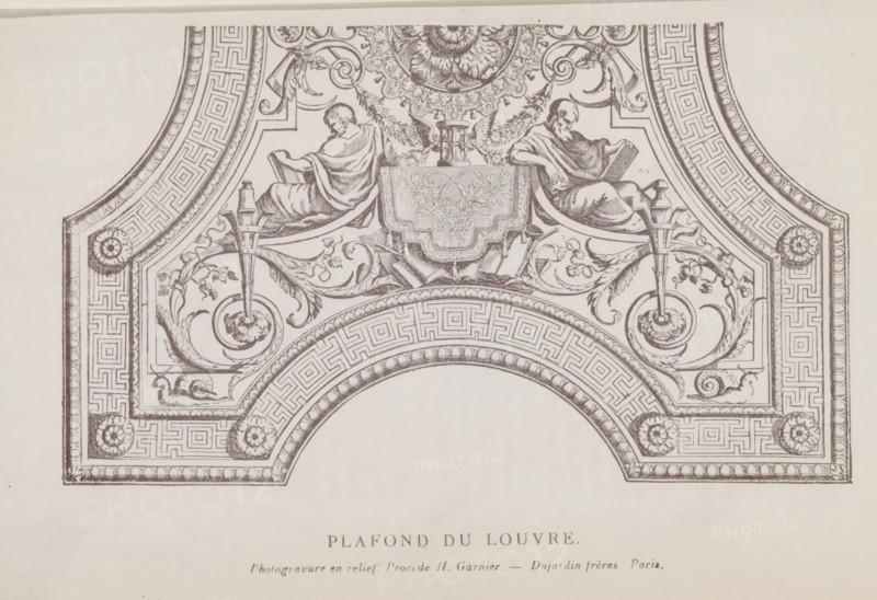 Photo reproduction of a drawing depicting part of the ceiling of the Musée du Louvre in Paris, Plafond du Louvre, reproduction, page, photomechanical print, Fontainebleau, cliché maker: Dujardin Frères, Paris, after drawing by anonymous, c. 1859 - in or before 1869, photographer, paper, photoaquatint, photogravure and relief process H. Garnier, height 96 mm x width 162 mm, Print after page 204., (decorated) ceiling, An ornate architectural drawing showing a decorative arch and surrounding rectangular panels filled with intricate geometric borders, floral scrollwork, rosettes, and stylized leaf motifs, with two seated robed figures facing inward above the arch holding books, a central cartouche with detailed vine-like ornament and winged elements, symmetrical torch-like decorative elements rising beside the figures, and small snail-like shell motifs near the lower corners, all rendered in fine sepia line work on a pale background.