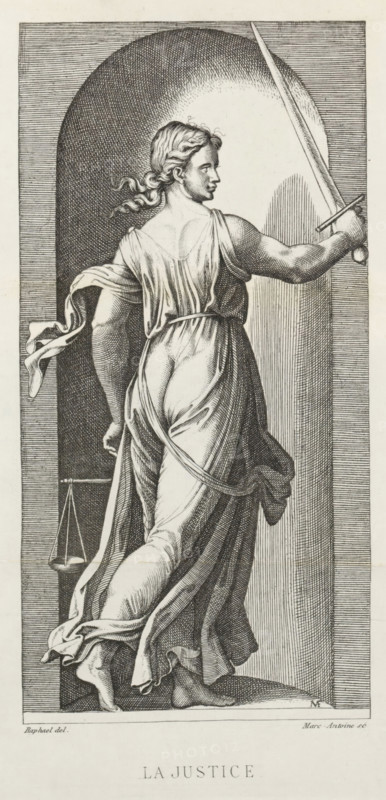 Photo reproduction of an engraving depicting Justice, La justice, reproduction, page, photomechanical print, name: 'E BALDUS 25 rd'Assas, 25, Paris', cliché maker: Édouard Denis Baldus, Paris, after print by Marcantonio Raimondi, Italy, after drawing by Raphael, c. 1859 - in or before 1869, Édouard Denis Baldus, Marcantonio Raimondi, Rafaël, photographer, cliché maker, after print by, after drawing by, paper, photoaquatint, height 212 mm x width 106 mm, Prent na pagina 202., Justitia (justice) as Roman personification, A monochrome engraving of a robed female figure shown from behind and in profile, stepping forward with flowing garments that cling and fold around her form, hair pulled back with loose curls, one arm extended forward holding a long, angled sword, the other arm lowered and holding a set of hanging scales, a rounded arch behind her with finely hatched shading, vertical line shading on the right, and detailed crosshatching throughout to define musculature, fabric folds, an...