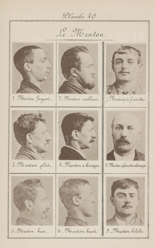 Nine male heads, arranged according to the shape of their chin, Le Menton, page, photomechanical print, Six photographs in side view, numbers 7, 8 and 9 taken in front view., inscription: 'Menton fuyant., Menton bilobé.', number: '1., 9.', number: 'Planche 40.', France, c. 1880 - in or before 1893, paper, collotype, photogravure, height 243 mm x width 157 mm, head (human) (sideview, profile), A vertically oriented page shows a grid of nine sepia-toned portrait photographs of men, arranged in three rows and three columns, each portrait framed by thin lines and separated by horizontal and vertical rules; the top row contains two profile views facing right and one front-facing view, the middle row repeats two right-facing profiles and one frontal portrait of a bald man with a mustache and beard, and the bottom row shows two right-facing profile portraits and one frontal portrait of a younger man with a mustache; the men display varied hairstyles and facial hair, including close-cropped ha...