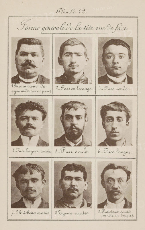 Nine male heads in front view, arranged according to the shape of their heads, Forme générale de la tête vue de face, page, photomechanical print, inscription: 'Face en throne de pyramide (ou en poire)., Pariétaux écartés (ou tête en toupie).', number: 'Planche 42.', number: '1., 9.', France, c. 1880 - in or before 1893, paper, collotype, photoprint, height 243 mm x width 157 mm, head (human) (front view), A vertical sheet with a decorative border containing a title area at the top and a grid of portrait photographs below, each portrait framed in a rectangular cell separated by thin lines; the portraits show men facing forward with a variety of facial hair styles and haircuts, ranging from clean-shaven to mustaches and beards, and different face shapes and expressions.