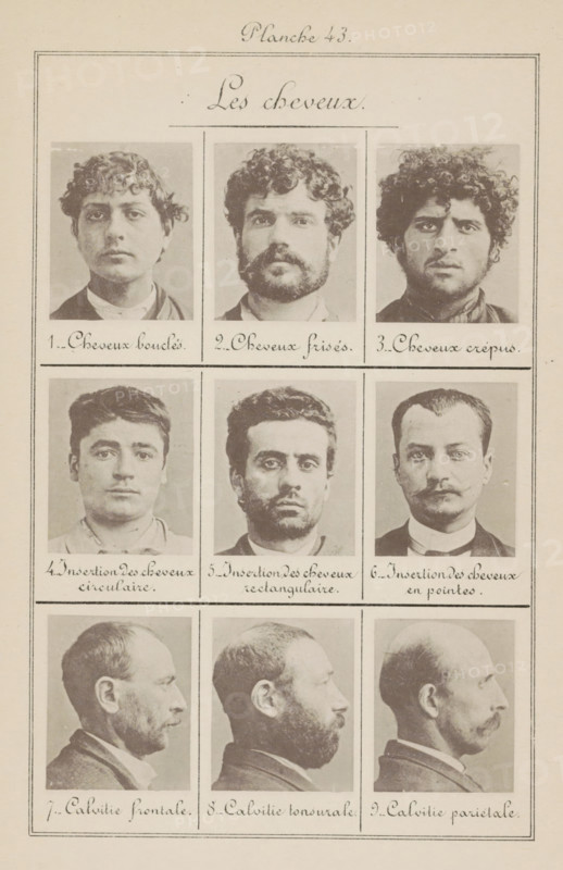 Nine men's heads, arranged by their hair, Les cheveux, page, photomechanical print, Six in front view, the bottom three in side view., inscription: 'Cheveux bouclés., Calvitie pariétale.', number: 'Planche 43.', number: '1., 9.', France, c. 1880 - in or before 1893, paper, collotype, photoprint, height 243 mm x width 157 mm, head (human) (side view, profile), head (human) (front view), hair, A vertically oriented page divided into a grid of rectangular panels containing black-and-white portrait photographs of men showing a variety of hair and facial-hair styles, with three head-and-shoulders portraits across the top row, three centered portraits in the next row, and three side-profile portraits along the bottom row; each portrait is framed by thin lines and separated by ruled borders, and the page has a decorative script title centered near the top.