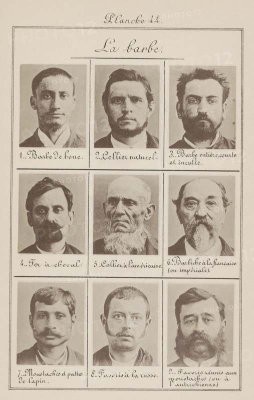 La barbe, Nine men's heads in front view, arranged on their beards, page, photomechanical print, number: '1., 9.', number: 'Planche 44.', inscription: 'Barbe de boue., Favoris réunis aux moustaches (ou à l'autrichienne.)', France, c. 1880 - in or before 1893, paper, collotype, photoprint, height 243 mm x width 157 mm, beard, head (human) (front view), A portrait sheet showing three rows of three head-and-shoulders black-and-white photographs of men arranged in a grid with thin borders separating each image, each man facing forward with varied facial hair styles; the top margin of the sheet contains a centered cursive heading, and each photograph has a short handwritten caption below it.