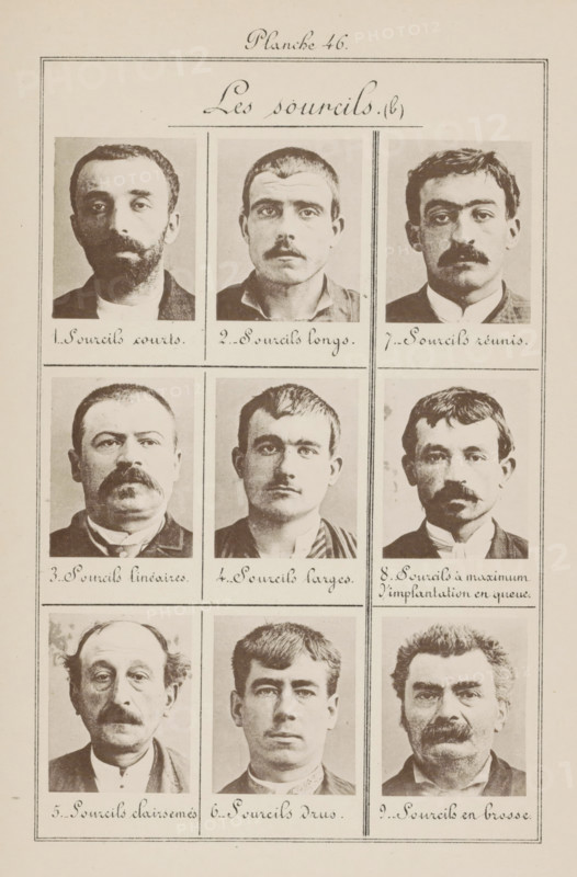 Nine male heads in front view, arranged according to the shape of their eyebrows, Les sourcils (b), page, photomechanical print, number: '1., 9.', inscription: 'Sourcils courts., Sourcils en brosse.', number: 'Planche 46.', France, c. 1880 - in or before 1893, paper, collotype, photoprint, height 243 mm x width 157 mm, head (human) (front view), A cream-colored page divided into rectangular framed sections containing black-and-white portrait photographs of men shown from the shoulders up, each man facing forward with neutral expressions and varying hairstyles and facial hair; the top of the page has a decorative heading area, and each portrait sits above a small handwritten caption area that is not described, with vertical and horizontal dividing lines separating the images into a grid.
