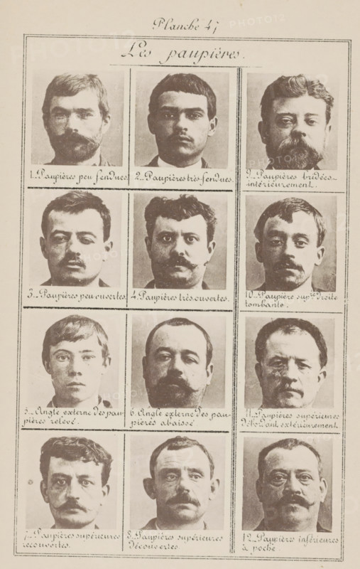 Twelve male heads in front view, arranged according to the shape of their eyelids, Les paupières, page, photomechanical print, number: '1., 12.', number: 'Planche 47.', inscription: 'Paupières peu fendues., Paupières inférieures à poche.', France, c. 1880 - in or before 1893, paper, collotype, photoprint, height 243 mm x width 157 mm, head (human) (front view), A sepia-toned page divided into a grid showing head-and-shoulders portraits of men, each portrait framed by thin lines; the men display a variety of hairstyles, facial hair styles including mustaches and beards, and neutral facial expressions; the photographs show differing face shapes and skin tones within the monochrome palette, with some men looking slightly to the side and others facing forward; the top of the page contains a decorative handwritten title area, and beneath each portrait there are captions in a cursive script; the overall page has a slightly aged, textured background and a simple border around the grid.