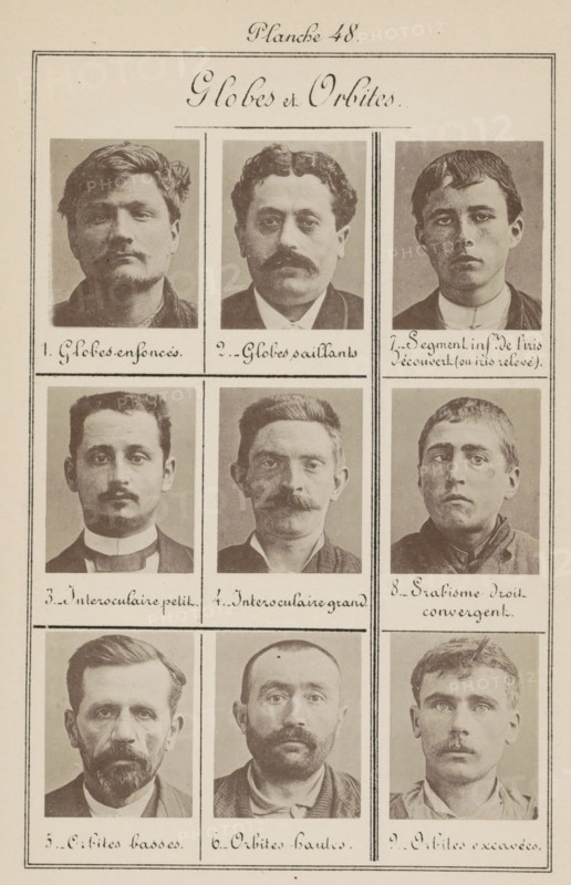 Globes et Orbites, Nine male heads in front view, arranged according to the shape of their eyes and eye sockets, page, photomechanical print, inscription: 'Globes enfoncés., Orbites excavées.', number: 'Planche 48.', number: '1., 9.', France, c. 1880 - in or before 1893, paper, collotype, photogravure, height 243 mm x width 157 mm, eyes, head (human) (front view), A vertical page with a decorative border containing three columns of rectangular portrait photographs arranged in rows, each portrait framed by thin lines; the top shows a centered cursive heading above the portraits. The photographs depict mostly head-and-shoulders views of men with varied facial hair styles including mustaches and beards, different hair lengths and textures, and neutral or serious facial expressions. The men wear assorted clothing such as jackets, collared shirts, and high collars, and the images have a sepia-toned, aged photographic appearance with occasional light spots and paper texture visible around th...